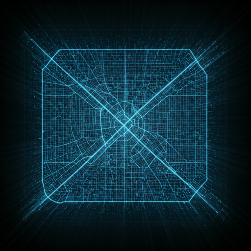 Abstract architectural top-down view of a modern city grid with neon blue lights.