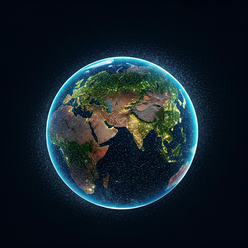 The Earth seen from orbit with city lights glowing against the dark horizon.