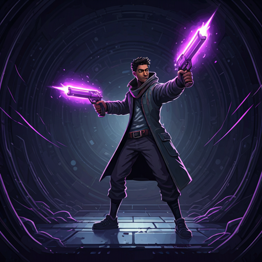 A sci-fi action character standing in a neon-lit world with glowing purple energy.