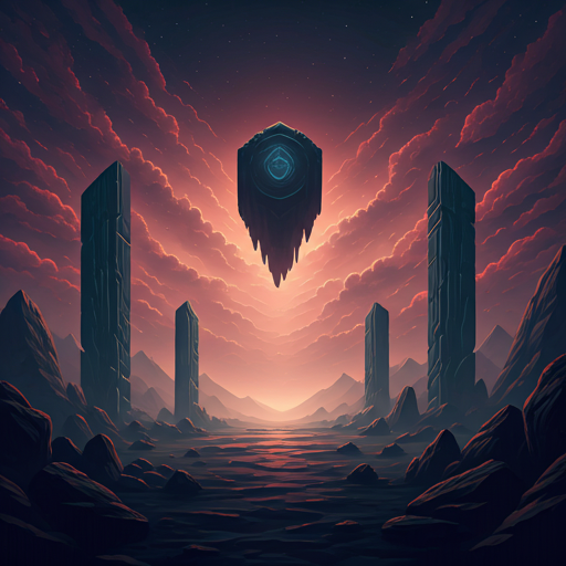 A surreal landscape of floating monoliths beneath a crimson cosmic sky.
