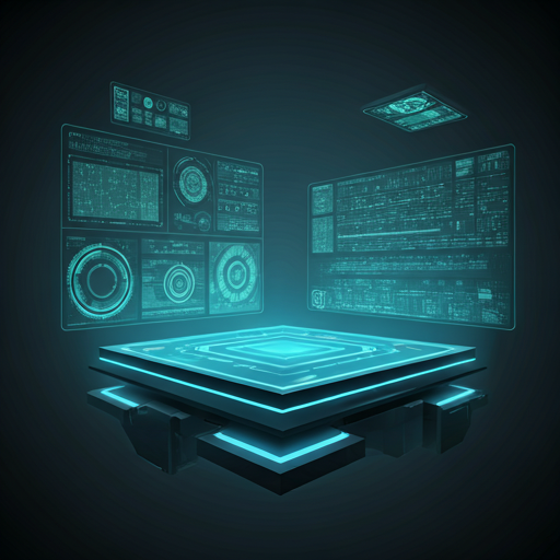 A cinematic futuristic city with floating platforms and holographic structures.